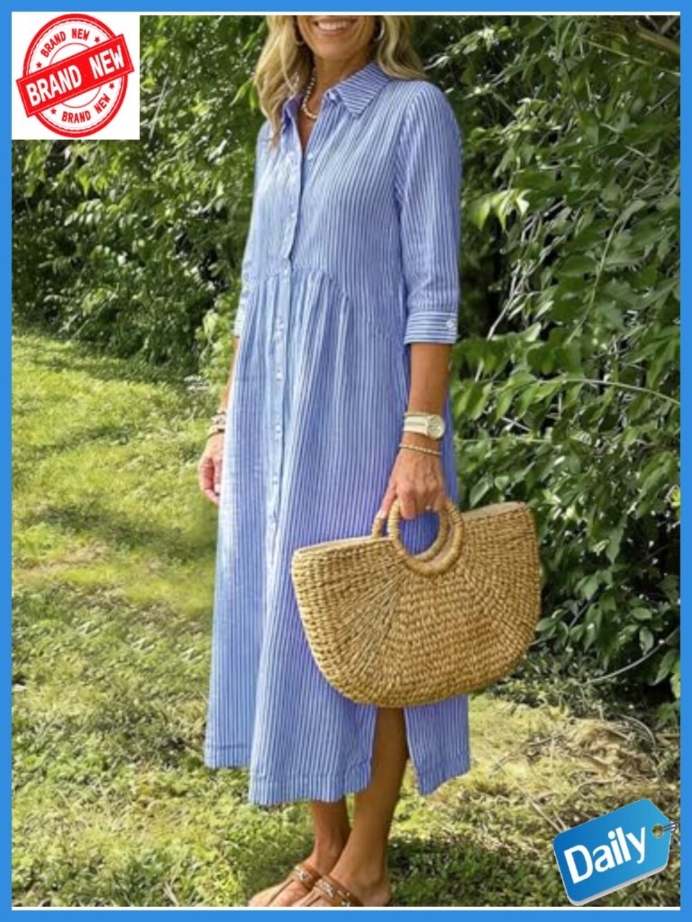 Women's Boho Striped Shirt Dress 3/4 Sleeve Button Up Side Slit Loose Cotton - Picture 2 of 5